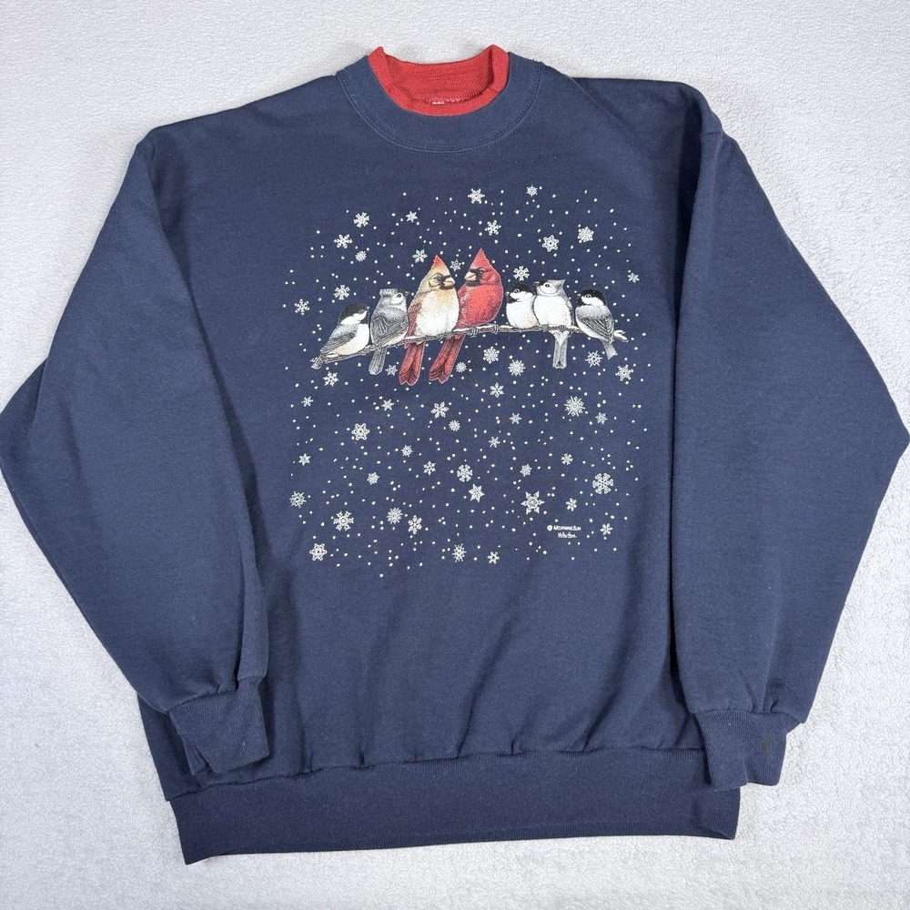 Vintage 90s Morning Sun Jerzees XL Cardinal Birds Snowflake Sweatshirt USA Made